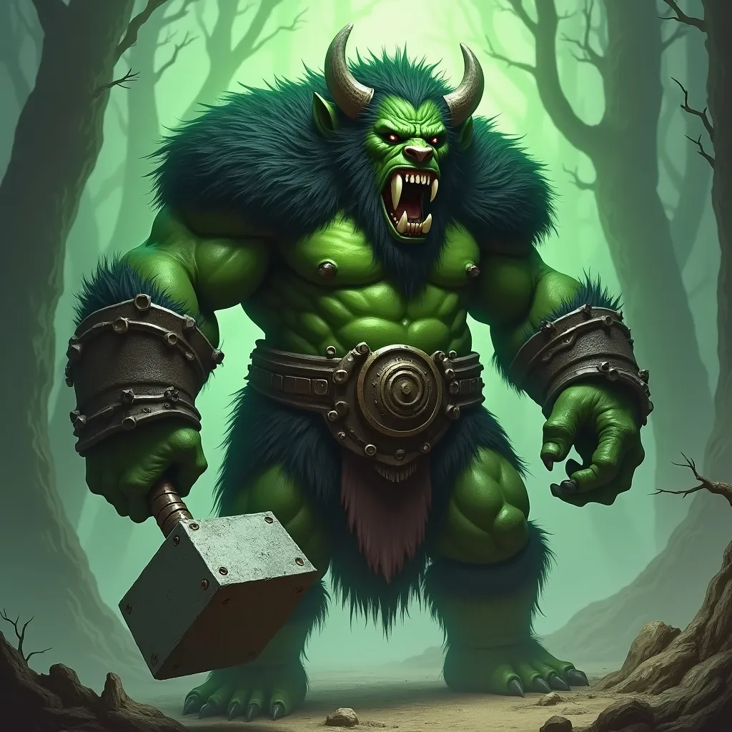 Prompt: Create me in a fantasy world setting the orc king, tall monstrous build orc green skin, sharp teeth, black fur coat of a bear, holding a gigantic hammer, magic powers, green energy aura, sharp claws, muscular body