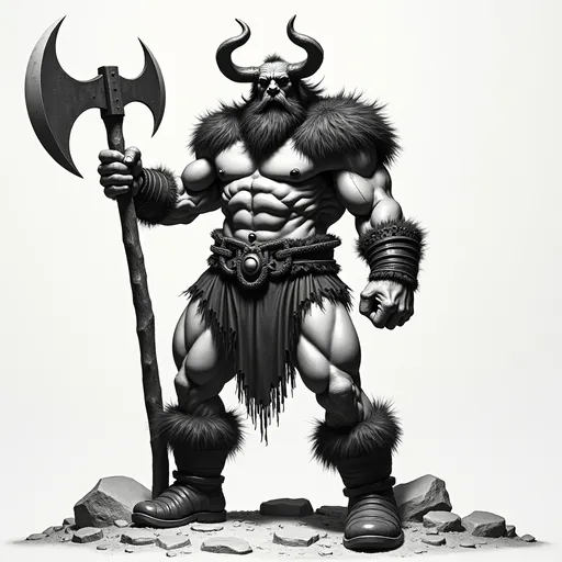 Prompt: B&W frazetta art, a huge muscular thor holding an ax, detailed, high quality