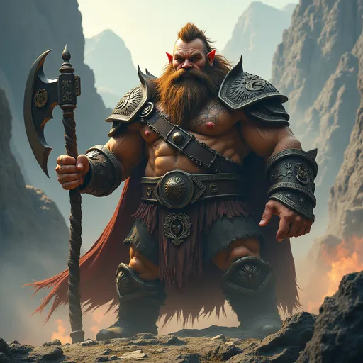 Prompt: (Dwarf god), majestic figure, intricate details, powerful stance, ancient styles, armor decorated with runes, mythical weapon (battle axe), rugged facial features, fierce expression, surrounded by mystical aura, dramatic lighting, rocky mountain backdrop, atmospheric mist, warm color tones, ethereal glow, ultra-detailed, 4K resolution, fantasy art style, epic and awe-inspiring ambiance.