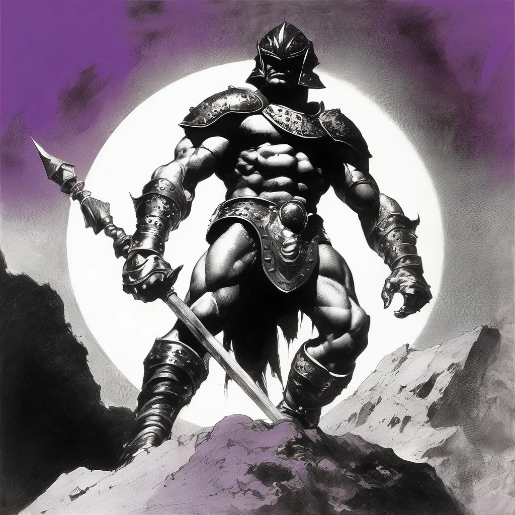 Prompt: B&W frazetta art, a intergaltic alien gladiator wearing a black bulky royal armor, purple skin, yellow eyes, powerful warrior, muscular tall build, cosmic energy background