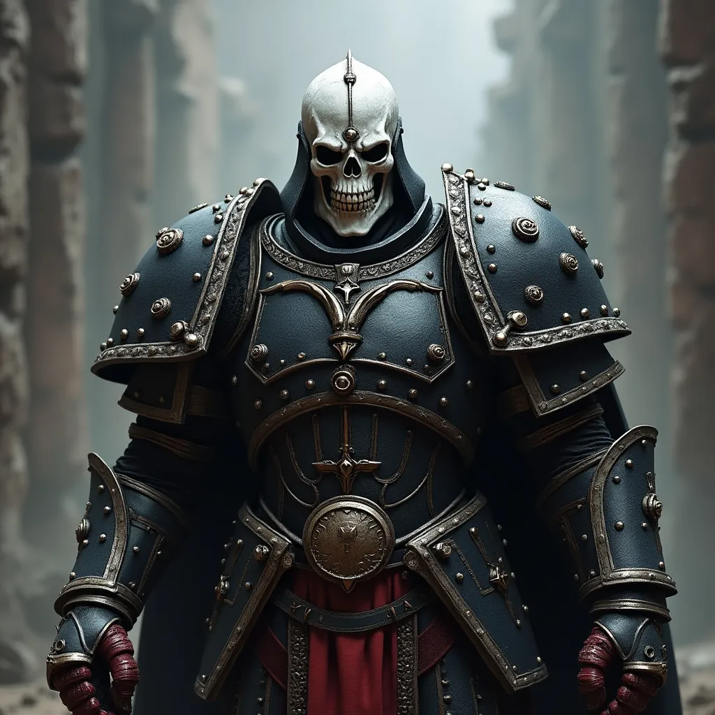 Prompt: Create me a warhammer 40k primarch called scar who leads a legion called the dark ones, black and white armor, wearing a Skelton helmet