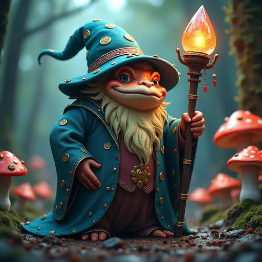 Prompt: (toad master), fantastical character, intricately detailed, wise expression, eccentric robe adorned with magical symbols, oversized staff with crystal orb, serene mystical forest background, glowing mushrooms, cinematic illumination, vibrant colors, whimsical ambiance, enchanting atmosphere, (ultra-detailed), evoking wonder and awe.