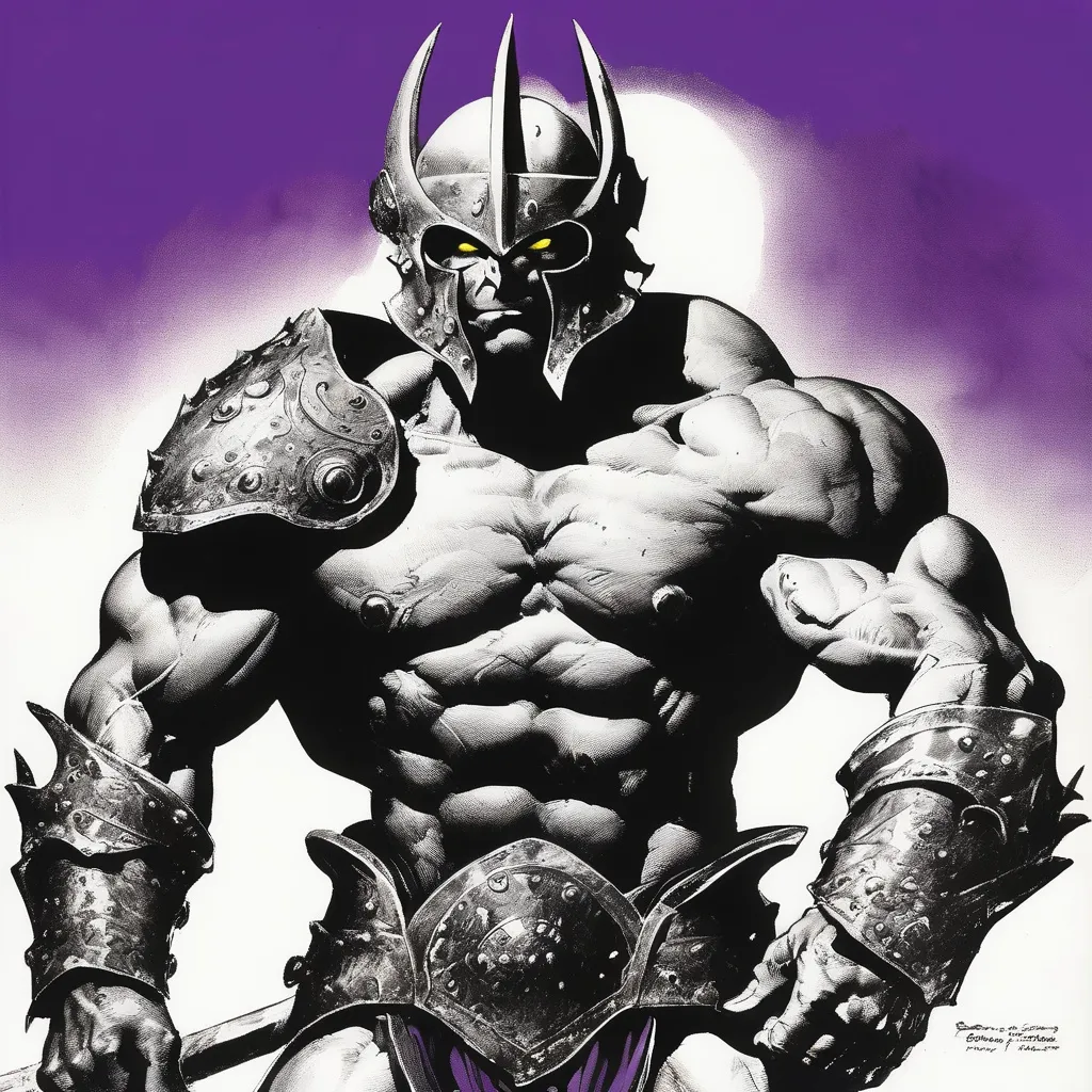 Prompt: B&W frazetta art, a intergaltic alien gladiator wearing a black bulky royal armor, purple skin, yellow eyes, powerful warrior, muscular tall build, cosmic energy background