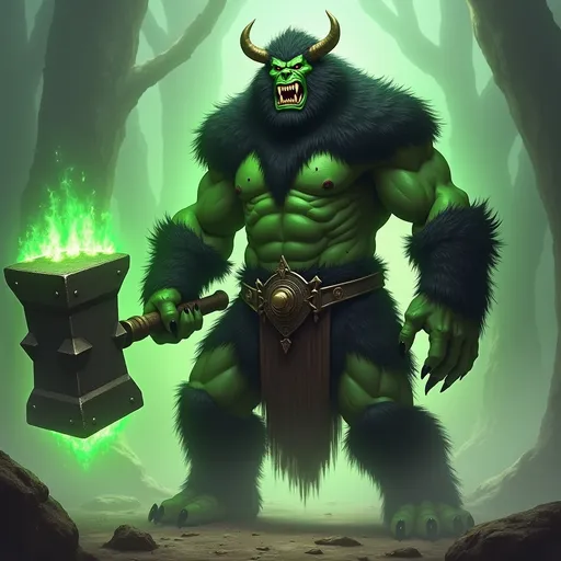 Prompt: Create me in a fantasy world setting the orc king, tall monstrous build orc green skin, sharp teeth, black fur coat of a bear, holding a gigantic hammer, magic powers, green energy aura, sharp claws, muscular body