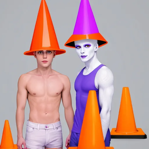 Prompt: White skin,  orange traffic cone on head, two people, gay, light purple cone on head,