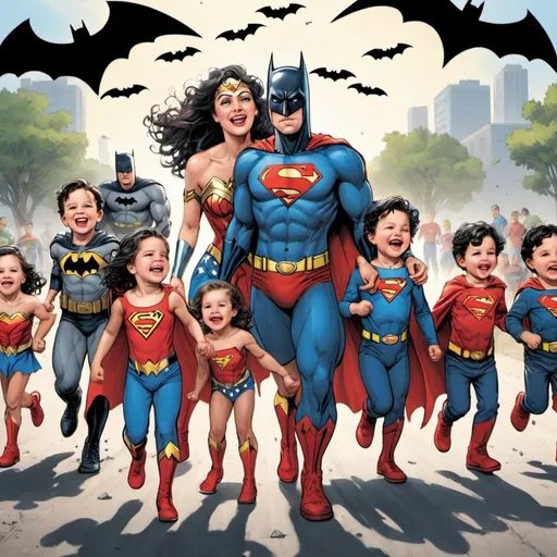 Prompt: Wonder women crying and 7 bat man kids and 4 superman kids running around her and batman and super man smiling there