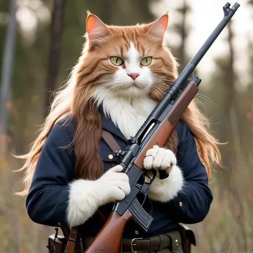 Prompt: A cat long hair and one rifle in hand 
