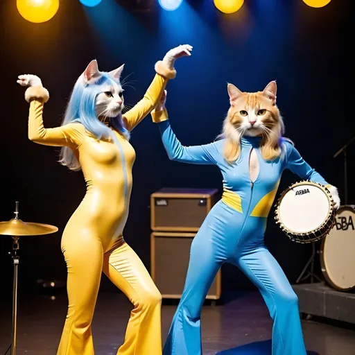 Prompt: two cats in abba style flared catsuits, one blue and one yellow, dancing on a stage, one holding a tambourine.