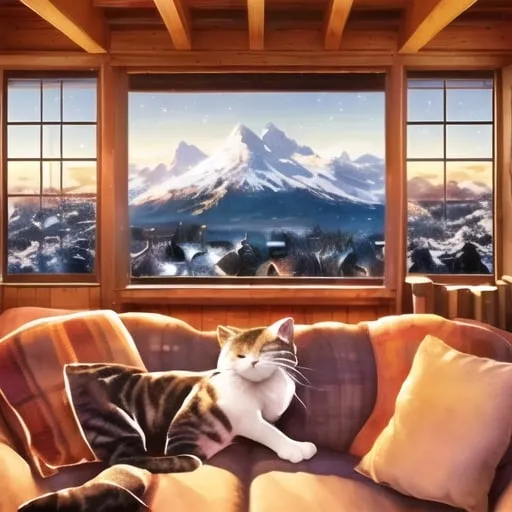 Prompt: Wooden cottage, snow-capped Alps mountain view, cozy couch, colorful snack wall, relaxed cat on the sofa, high quality, detailed wood texture, snowy mountain vista, cozy atmosphere, snowy landscape, comfortable seating, vibrant snacks, relaxed cat, scenic view, cozy lighting