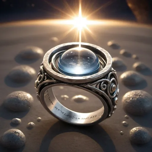 Prompt: Make a ring of pure water capturing the light of the sun and moon surrounded by the essence of magic