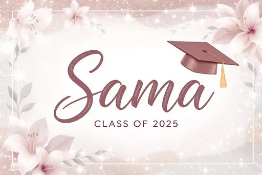 Prompt: Without human photo, just font.
The name “Sama” in graceful cursive bold and thick font

A graduation cap positioned stylishly on the corner of the letter “a” at the end without covering the letter

A  dusty pink to mauve font color and soft background

Surrounded by elegant lily flowers

Text:  "Class of 2025”

Light sparkles and a dreamy, celebratory vibe
Duplicate the design to be used  for printable labels