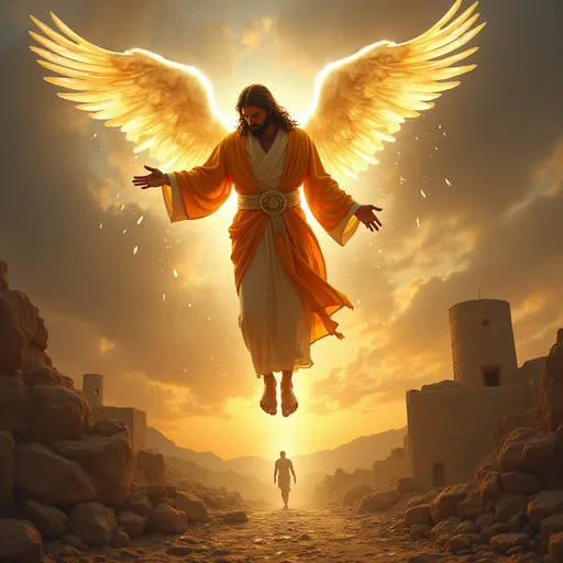Prompt: A divine and apocalyptic scene set in a historical Middle Eastern landscape. The Messiah, Jesus son of Mary, descends from the heavens near a white tower to the east of Damascus. He is clothed in two saffron-colored garments, glowing with a radiant light. Two majestic angels with shimmering wings support him, their feathers tinged with a golden hue. As he lowers his head, droplets fall like pearls, and when he raises it, beads shimmer like silver gems, cascading around him. The air around him glows with a holy aura, and his breath carries the weight of divine judgment, shimmering like a wave of light that extends as far as his gaze reaches. In the distance, the Antichrist, the False Messiah, flees toward the gate of Ludd (a village near Yaffa/Tel-Aviv), his dark, shadowy figure contrasting with the radiant light of the Messiah. The landscape is dramatic, with a golden sky at sunset, ancient stone structures, and a sense of impending judgment.