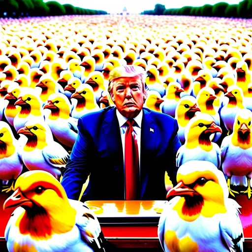 Prompt: 500 birds on a hous with donald trump eating ronald mc donald