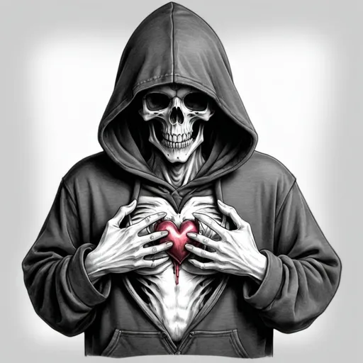 Prompt: pencil sketch hoodie grim reaper holding a heart open chest
