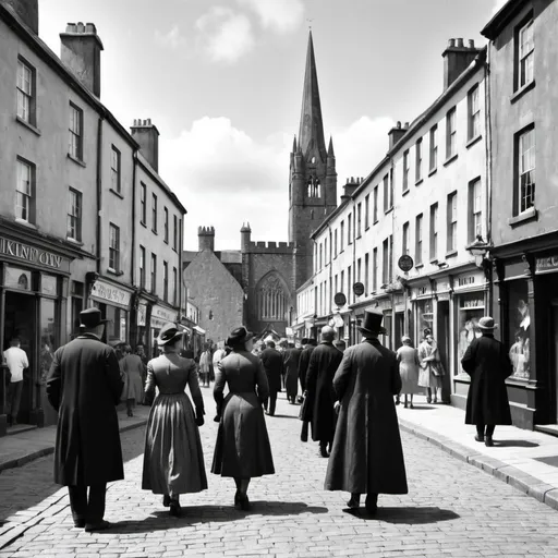Prompt: take a vintage photo of kilkenny city from the 19th century and put it in black and white. Add elegantly dressed people from that era walking around the streets. 