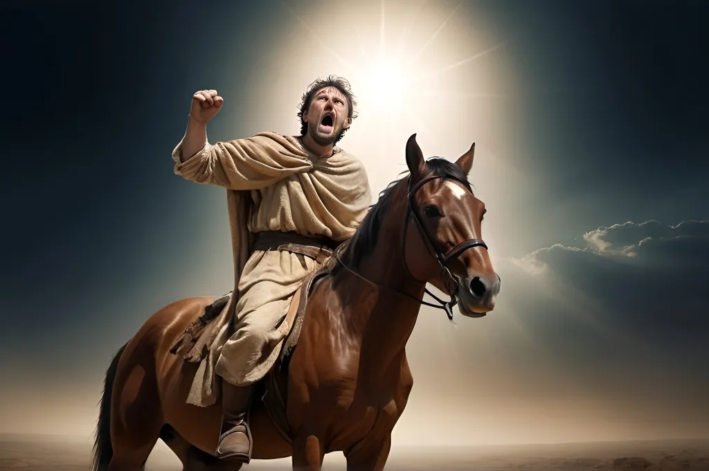 Prompt: Man on a frightened horse, both horrified, Paul covering his eyes with his arms against a blinding light from the sky, ultra wide, cinematic lighting, intense celestial light, detailed expressions, 1st century scenario, 1st century clothing, dramatic scene, high detail, UHD, high quality, best quality, super detail.