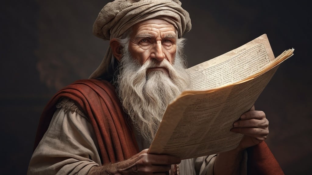 Prompt: an old man with a long beard holding rolled up ancient papers in the Roman Empire, ESAO, academic art, epic fantasy character art, computer graphics