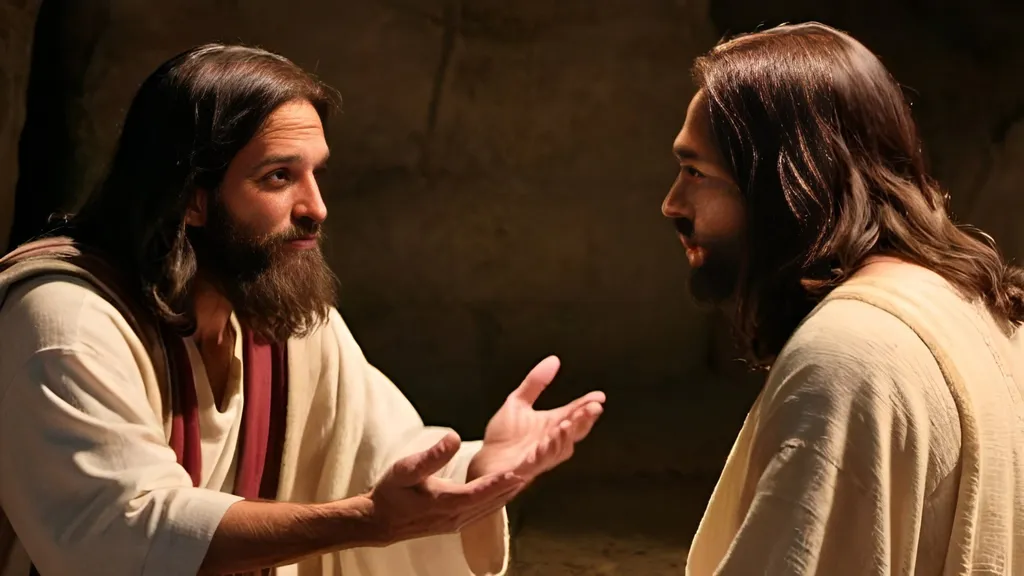 Prompt: Um encontro bíblico entre nicodemus e jesus Cristo a noite 