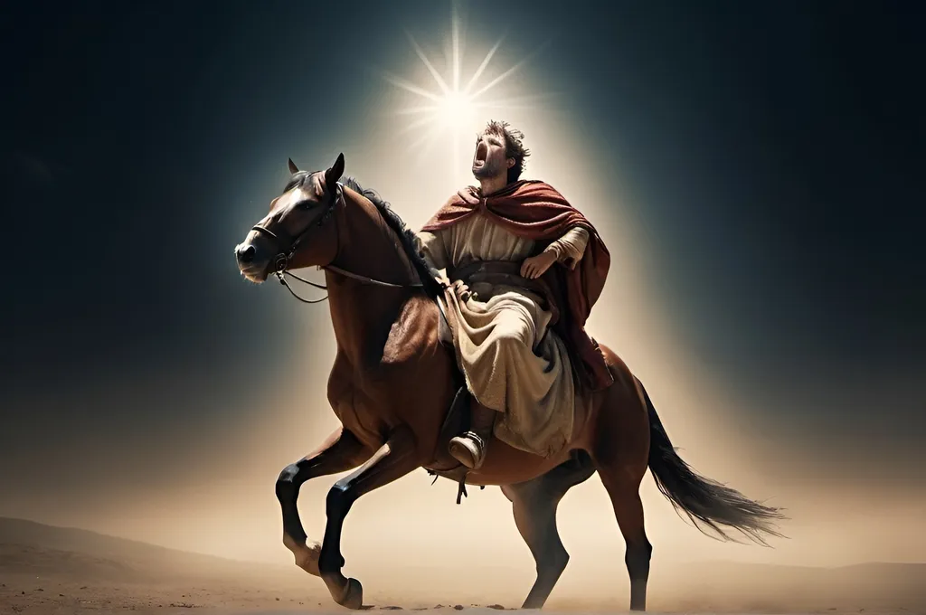 Prompt: Man on a frightened horse, both horrified, Paul covering his eyes with his arms against a blinding light from the sky, ultra wide, cinematic lighting, intense celestial light, detailed expressions, 1st century scenario, 1st century clothing, dramatic scene, high detail, UHD, high quality, best quality, super detail.