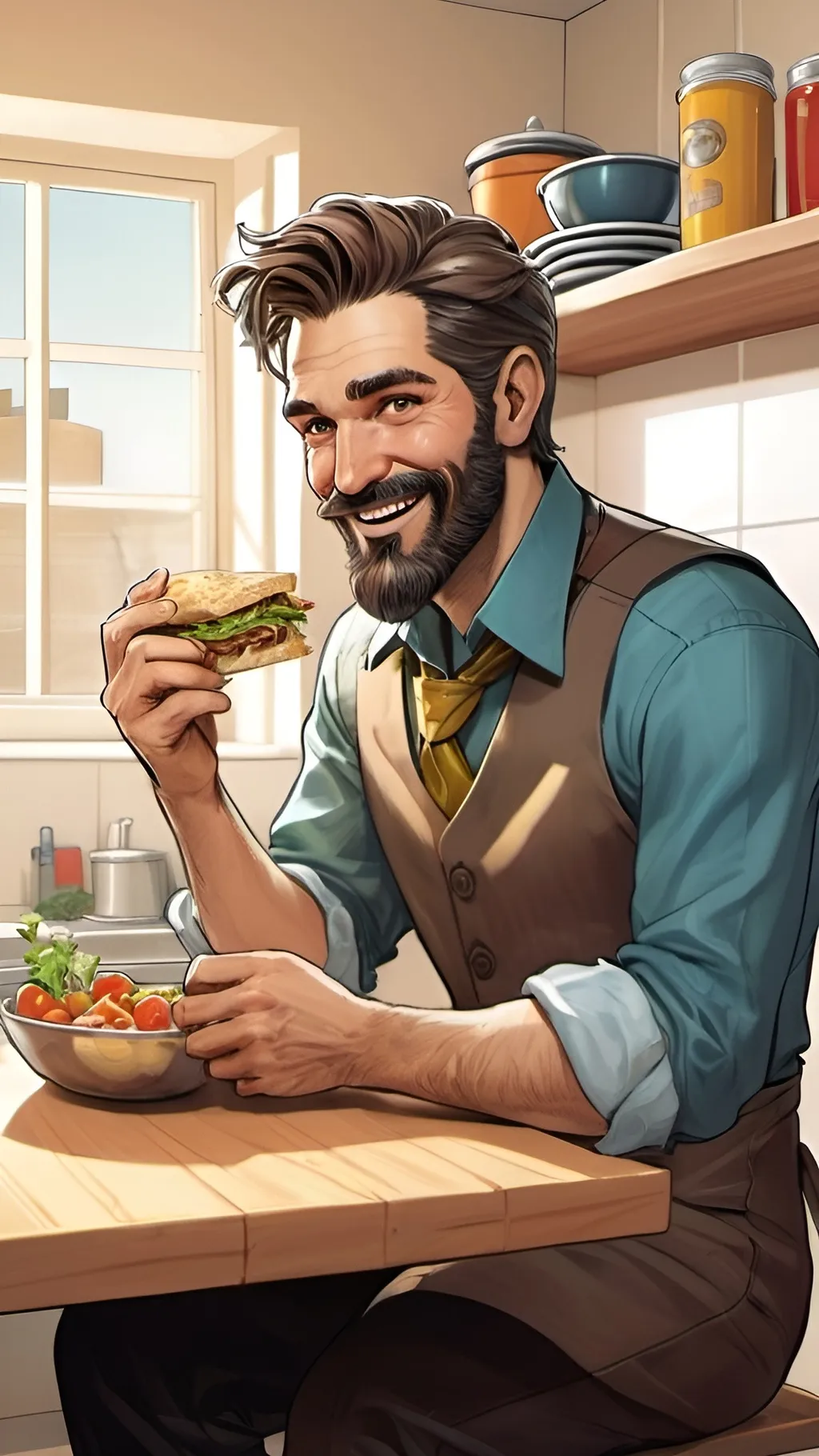 Prompt: A hungry and happy man having lunch sitting in the kitchen, short beard. Detailed faces. Solarpunk. All well dressed. Comic book art. Illustration.