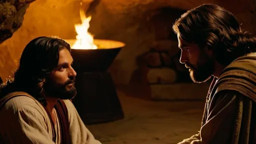 Prompt: Um encontro bíblico entre nicodemus e jesus Cristo a noite, iluminação cinematográfica