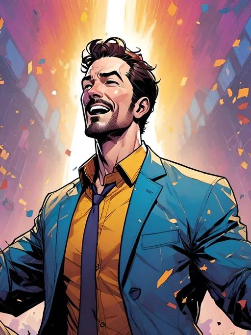 Prompt: <mymodel> A portrait of Man in suit looking up with open arms praising God inside a Christian church. Dynamic colors and lighting. super detailed face. Modern marvel comics art book style.