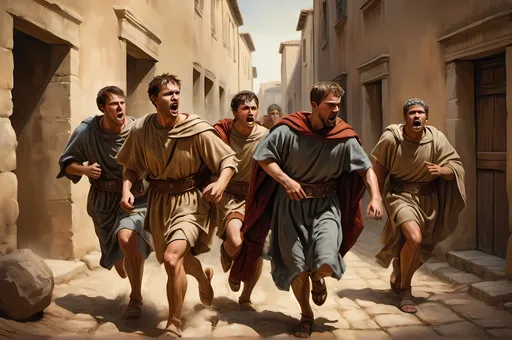 Prompt: 3 disciples fleeing from 4 roman soldiers, natural lighting, detailed facial expressions, historical painting, high quality, intense drama, realistic, traditional art, warm tones, historical, detailed clothing, dramatic lighting