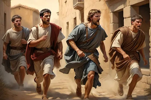 Prompt: 3 disciples fleeing from 4 roman soldiers, natural lighting, detailed facial expressions, historical painting, high quality, intense drama, realistic, traditional art, warm tones, historical, detailed clothing, dramatic lighting