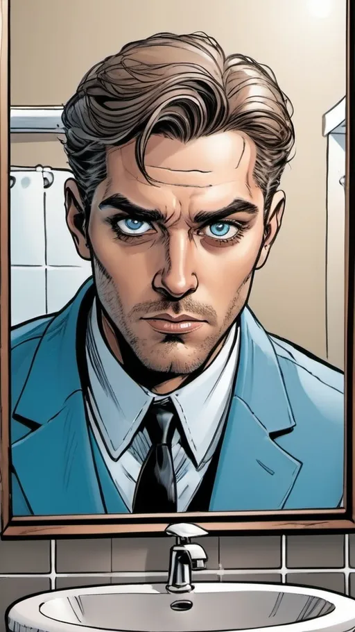 Prompt: A comic fantasy sketch of a man with very beautiful eyes looking at himself in the bathroom mirror, all well dressed, colored, high details, HQ, projected image on comic book page