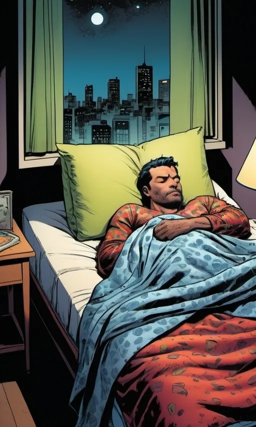 Prompt: Man in pajamas covered by duvet sleeping in a dark room and abaju in the background in a comic book cover art, symbolism, marvel comics, a comic book panel, Suspenseful colors