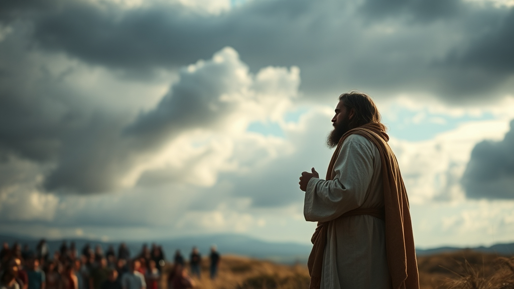 Prompt: A realistic portrait of Jesus preaching on a hilltop, with a blurred crowd in the background listening attentively. The sky above is filled with dramatic, cinematic clouds, creating a powerful, movie-like atmosphere.