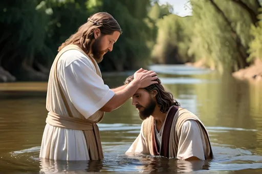 Prompt: John the Baptist baptizing Jesus, people watching around, traditional baptism, local river, holy bible, realistic, classic, biblical, detailed clothing, religious, traditional style, natural lighting, river reflection, high quality, detailed, realistic, traditional, biblical, classic, natural lighting, detailed clothing