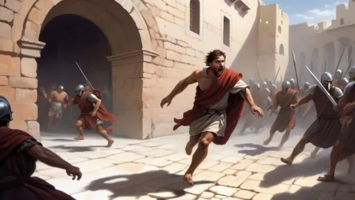 Prompt: Poor man running away from guards in the background, 1st century, computer graphics, ESAO, academic art, epic fantasy character art
