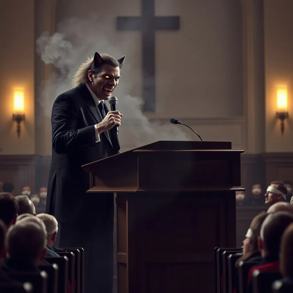 Prompt: Create an image of a evil man in a black suit, preaching at a pulpit, holding a microphone. Behind him, a large werewolf with bright yellow eyes and sharp teeth is leaning in and whispering into the pastor’s ear. The pulpit should be elevated at the back of the church, near the rear wall. The congregation is seated in pews in front of the pulpit, all with their eyes blindfolded, emphasizing their inability to see the true nature of the situation. The scene should convey a unsettling atmosphere, illuminated smoke, highlighting the contrast between the pastor’s sinister demeanor and the menacing presence of the werewolf whispering in his ear.