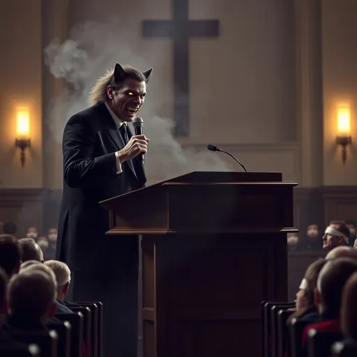 Prompt: Create an image of a evil man in a black suit, preaching at a pulpit, holding a microphone. Behind him, a large werewolf with bright yellow eyes and sharp teeth is leaning in and whispering into the pastor’s ear. The pulpit should be elevated at the back of the church, near the rear wall. The congregation is seated in pews in front of the pulpit, all with their eyes blindfolded, emphasizing their inability to see the true nature of the situation. The scene should convey a unsettling atmosphere, illuminated smoke, highlighting the contrast between the pastor’s sinister demeanor and the menacing presence of the werewolf whispering in his ear.