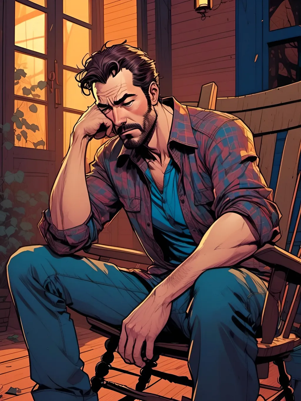 Prompt: <mymodel> A very thoughtful man sitting in a rocking chair on the porch, with elbows resting on his legs and hands on his chin. Dynamic colors and lighting. Detailed face and hair. Cinematic scene.