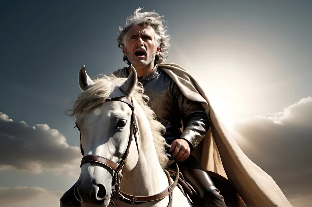 Prompt: Man riding on a horse protecting eyes from strong light from the sky, 1st century scenario, 1st century clothing, hair spread out, big hair, open mouth, worried, grey hair, shaded, Hyperrealism, cinematic lighting, drop shadow, ultra wide shot, depth of field, backlighting, UHD, high details, high quality, best quality, super detail