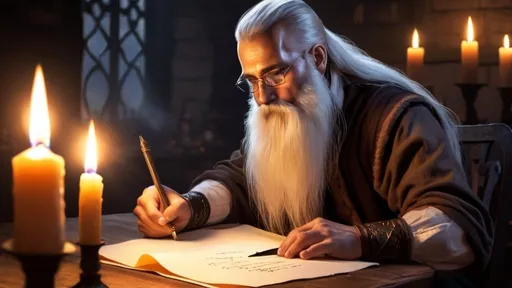 Prompt: a man with a long white beard writing on a piece of paper with a candle in the background and a lit candle in the foreground, ESAO, academic art, epic fantasy character art, computer graphics