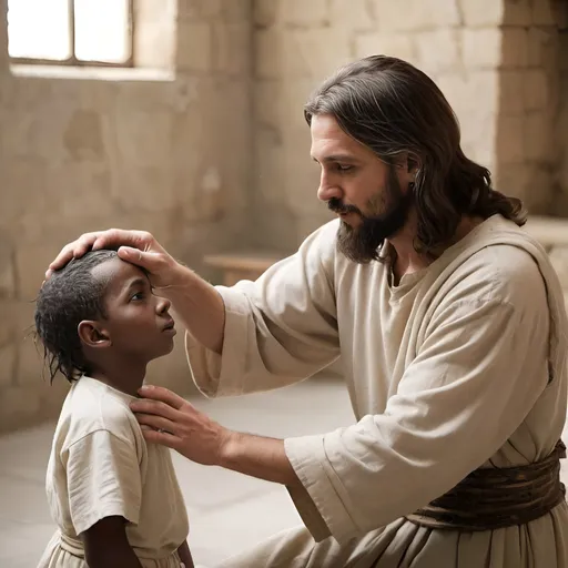 Prompt: a man is putting a haircut to a young boy's head in a room with stone walls, Americo Makk, excessivism, radiant light, a stock photo