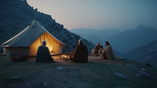 Prompt: Religious group camping on mountain peak, 1st century, dusty atmosphere, 4k quality, ultra photorealistic, movie lights, serene ambiance, ancient attire, detailed facial features, historical setting, religious gathering, mountain peak camping, dusty atmosphere, photorealistic, movie lights, ancient attire, serene ambiance, detailed facial features, 1st century, historical setting