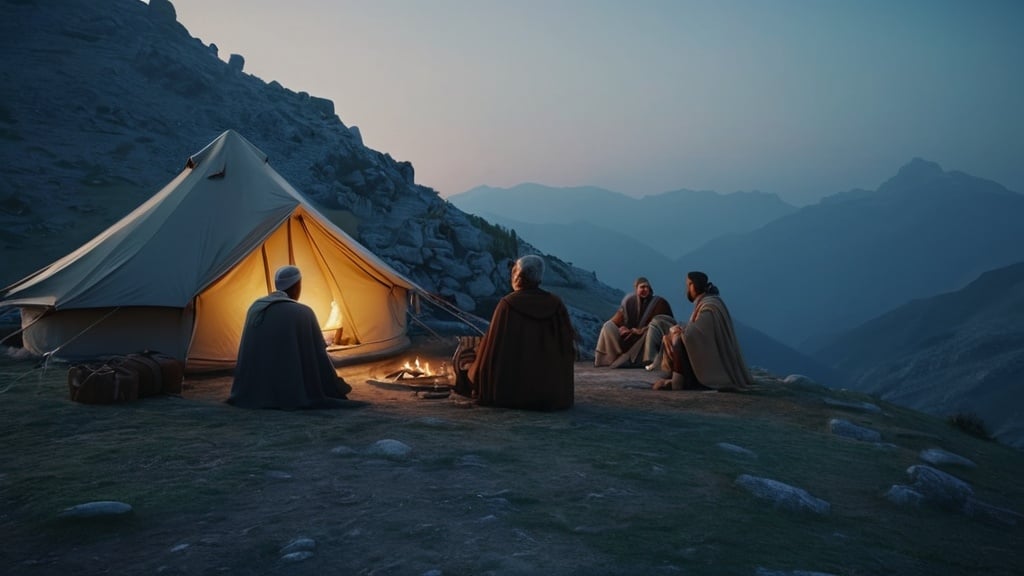 Prompt: Religious group camping on mountain peak, 1st century, dusty atmosphere, 4k quality, ultra photorealistic, movie lights, serene ambiance, ancient attire, detailed facial features, historical setting, religious gathering, mountain peak camping, dusty atmosphere, photorealistic, movie lights, ancient attire, serene ambiance, detailed facial features, 1st century, historical setting