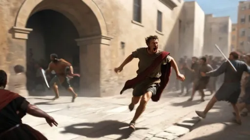Prompt: a poor man running towards a group of men in a city street with a bunch of people in the background, Clint Cearley, antipodeans, 1st century, action scene, a detailed matte