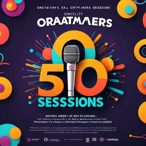 Prompt: (accurately spelled text "Oratomasters 50 Sessions Completion"), visually striking poster design, bold typography, vibrant colors, a celebration ambiance, elements representing public speaking, microphone graphics, date prominently displayed: "11 November 2024", dynamic background, high-contrast, engaging layout, eye-catching design, celebratory theme, ultra-detailed, designed for public engagement, modern aesthetics, professional look.