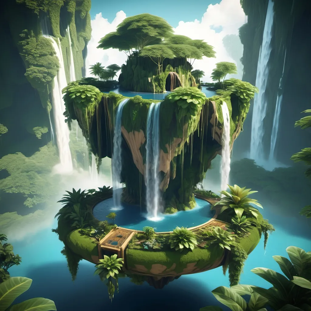 Prompt: A serene floating island, lush with exotic plants, waterfalls cascading into the void.