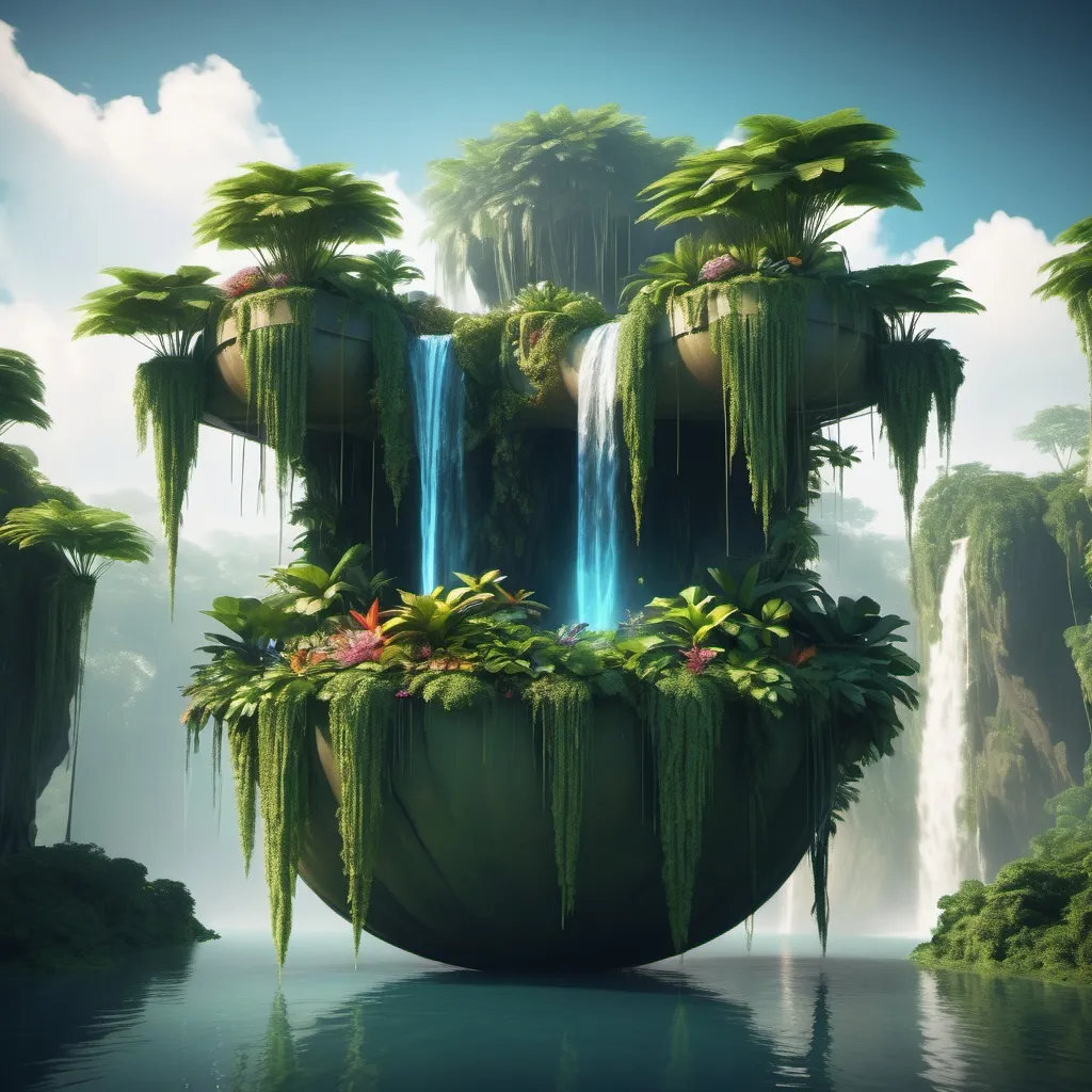 Prompt: A serene floating island, lush with exotic plants, waterfalls cascading into the void.