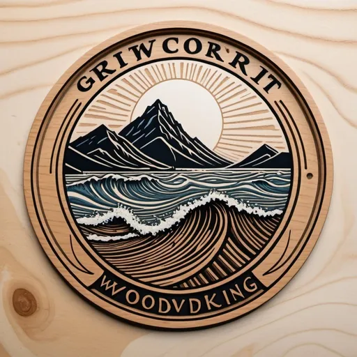 Prompt: A linocut of a woodworking logo for a company called 'Grit Woodworking'. I make boards with wave patterns interlaced in the boards. the patterns sometimes resemble mountain scenes and sometimes ocean waves and sometimes abstract designs. Can it include the writing 'GRIT Woodworking'