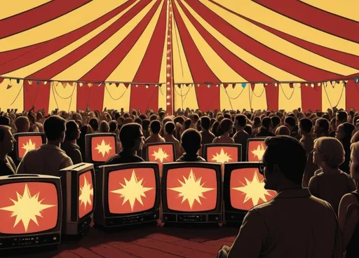Prompt: Crowd of TV screens inside a circus tent. In the style of Geoff Darrow.