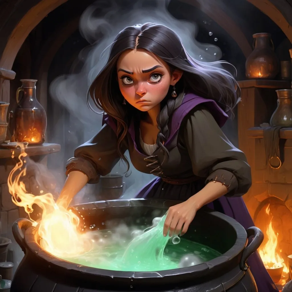 Prompt: Inside, Neghina stirred her potions in a huge cauldron, which bubbled incessantly with brews of sadness and terror.