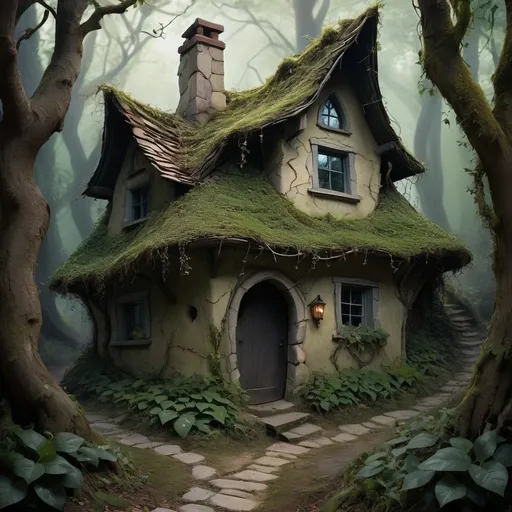 Prompt: In a dark corner of the magical forest, there lived a witch named Neghina. Her house was rickety and crooked, covered in dry ivy, and looked like a place where joyful laughter got lost and never returned. Each cracked stone on the path sighed, and the windows were so dusty that daylight could barely be seen.