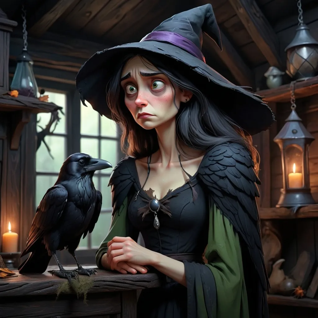 Prompt: a sad witch with an old raven on her shulder, in a dark wood, in her house.